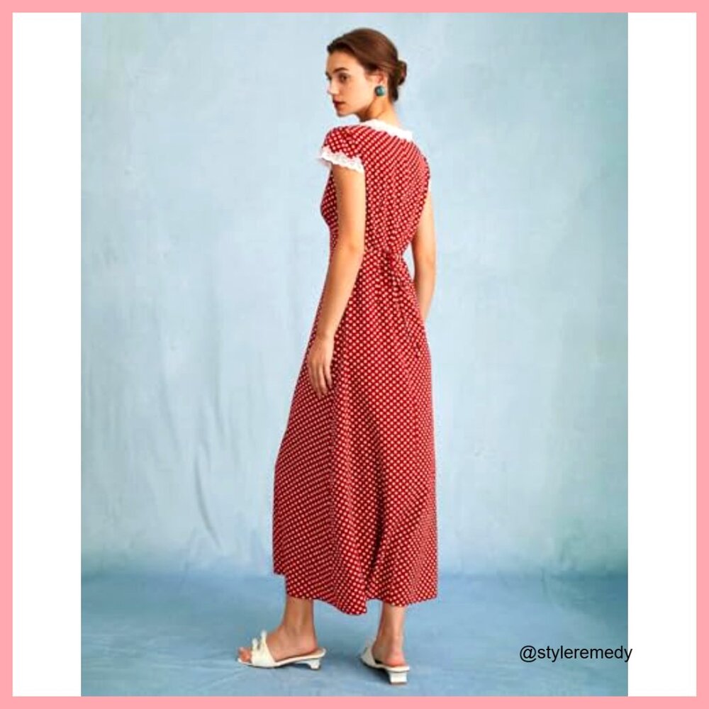 Summer Cotton Dress Deep V Neck Polka Dot Lace Party Casual - Picture 2 of 7